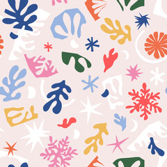 Multicoloured Snowflakes Xmas tree branches Stars cutout shapes vector seamless pattern. Matisse inspired Winter wonderland background. Christmas New Year Holiday print for gift wrapping paper.