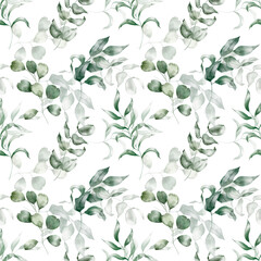 Watercolor botanical seamless pattern – Eucalyptus, Green branches, Leaves, Foliage, Plant. For textile, fabric, print, wrapping, wallpaper, background.