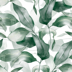 Fototapeta na wymiar Watercolor botanical seamless pattern – Eucalyptus, Green branches, Leaves, Foliage, Plant. For textile, fabric, print, wrapping, wallpaper, background.