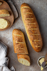 French homemade fresh bread baguettes with sesame