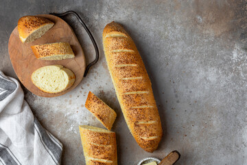 French homemade fresh bread baguettes with sesame
