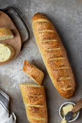 French homemade fresh bread baguettes with sesame