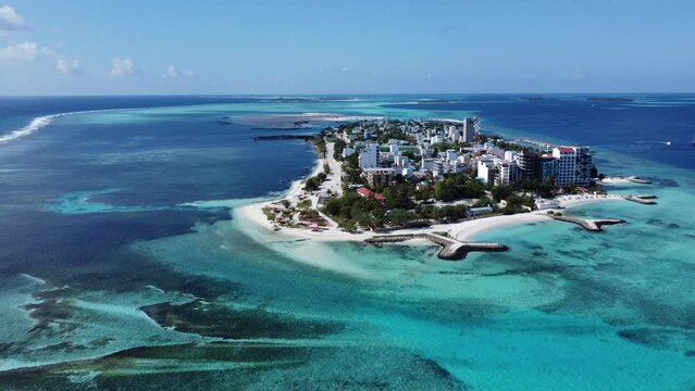 Overhead view from the Drone of the Island of Maafushi in the Maldives.