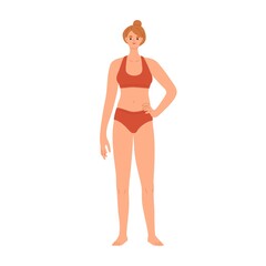 Woman in bikini with slim body, slender thin figure. Female in underwear, bra and panties. Young beautiful girl standing in lingerie portrait. Flat vector illustration isolated on white background