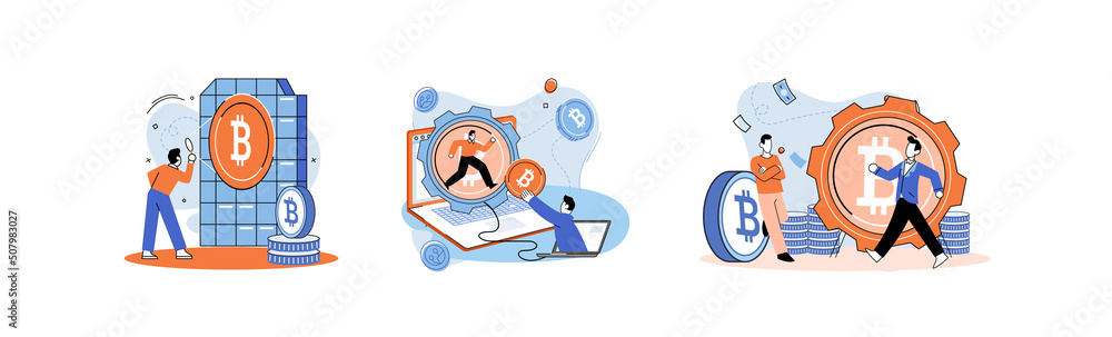 Poster cryptocurrency bitcoin mining metaphor blockchain exchange platform. cyber banking procedures, bitco