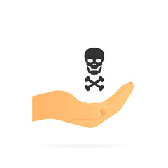 Hand holding sign of alert virus. Realistic hand. White background. Vector illustration.
