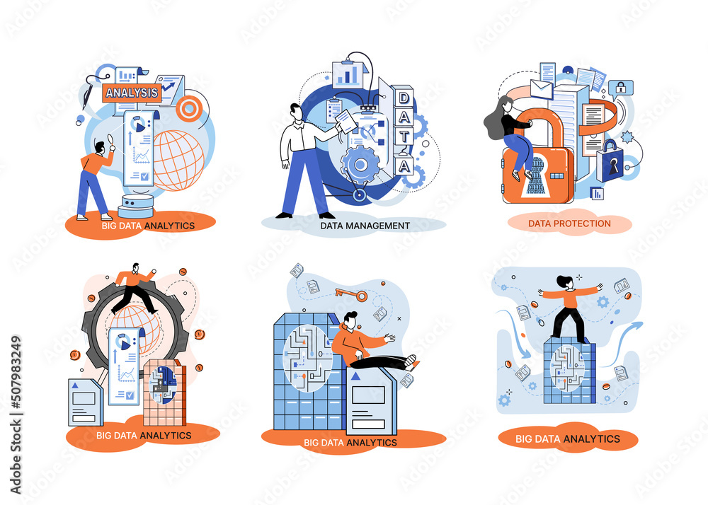 Aufkleber big data analytics platform, data management and protection creative metaphor set abstract concept. 