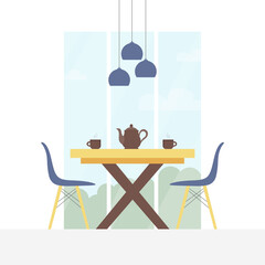 Table and chairs, cups and teapot on the dining table, hanging lamps, big window with summer landscape.
Flat style vector illustration