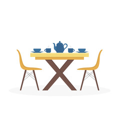 Dining table with two yellow chairs, blue cups and teapot, plates. Flat cartoon style vector illustration