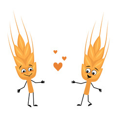 Cute ear of wheat character with love emotions, smile face, arms and legs. Healthy cereal with funny expression and posture, vitamin rich food. Vector flat illustration
