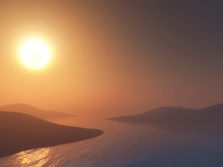 Fototapeta na wymiar 3D serene sunset landscape with mountains in lake