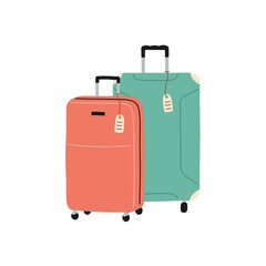 Travel luggage with bag tags attached to handle. Two wheeled baggage, tourists cases for vacation, flight, trip, tourism. Flat vector illustration isolated on white background