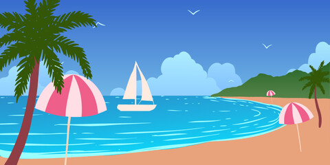 Fototapeta na wymiar Palm trees and white yacht on blue ocean shore 