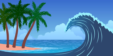 Vector cartoon ocean wave on island shore in ocean