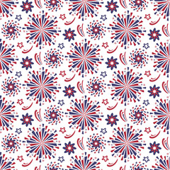 Hand drawn vector fireworks seamless pattern background. Red and blue color of American flag for 4th of July Festival firework explosions on white backdrop