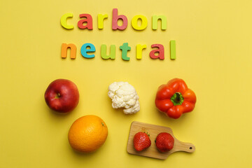 Carbon neutral ecology label concept. Carbon neutral. Local organic vegetables and fruits