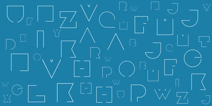 Various Blue Randomly Placed and Sized Art Deco Style Bold Letters Pattern - Texture on Dark Wide Scale Background, Design Element for Web or Book Covers in Editable Vector Format