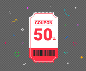 give you 50% coupons on various anniversaries illustration set. discount, free, lotto, pay, firecracker, confetti. Vector drawing. Hand drawn style.