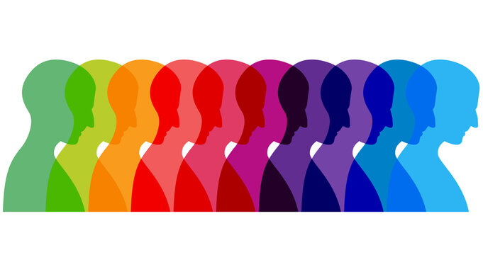 Men profile heads. Face silhouette in many different colors. Vector background.