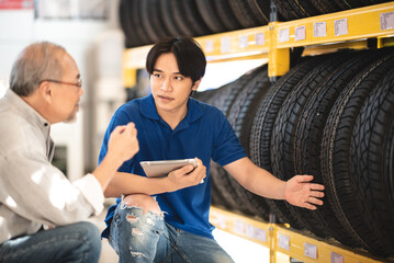 Young Asian male garage representative in conversation with senior customer in garage while checking and showing new car tires for maintenance and change