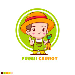Cute farmer holding carrots. Chibi cartoon character. Vector logo art illustration