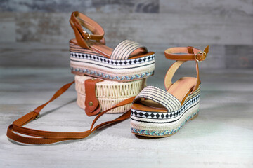 Stylish summer foot ware and purse. Comfortable sandals. Beauty fashion.
