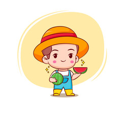 Cute farmer holding watermelon. Chibi cartoon character. Vector art illustration