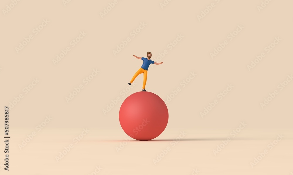 Poster a male character balancing on unstable shapes. 3d rendering
