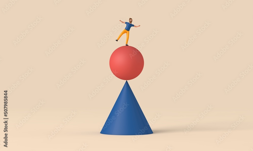 Poster a male character balancing on unstable shapes. 3d rendering