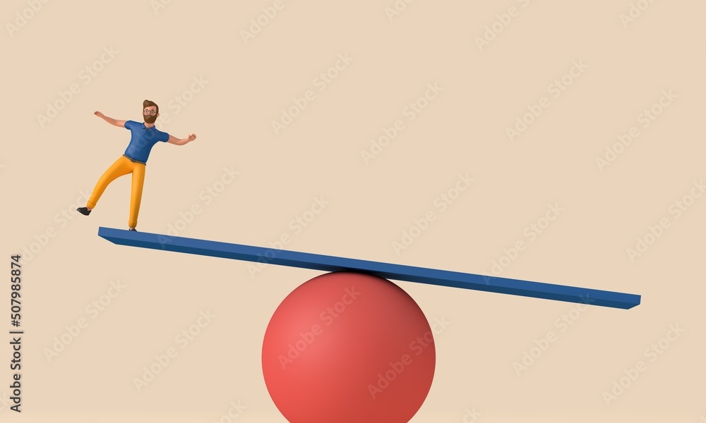 Poster a male character balancing on unstable shapes. 3d rendering