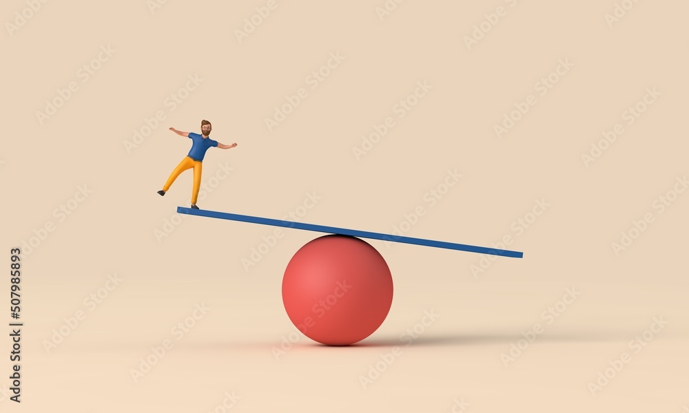 Poster a male character balancing on unstable shapes. 3d rendering