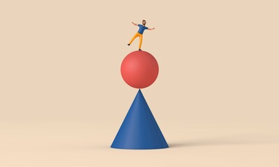 A male character balancing on unstable shapes. 3D Rendering