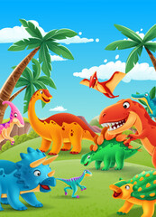 illustration with dinosaurs scenery with cartoon jurassic jungle - 507985848