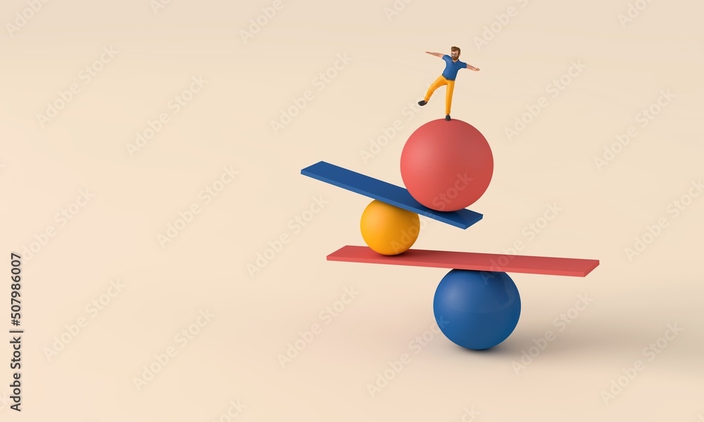 Poster a male character balancing on unstable shapes. 3d rendering