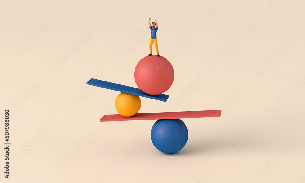 Poster a male character balancing on unstable shapes. 3d rendering