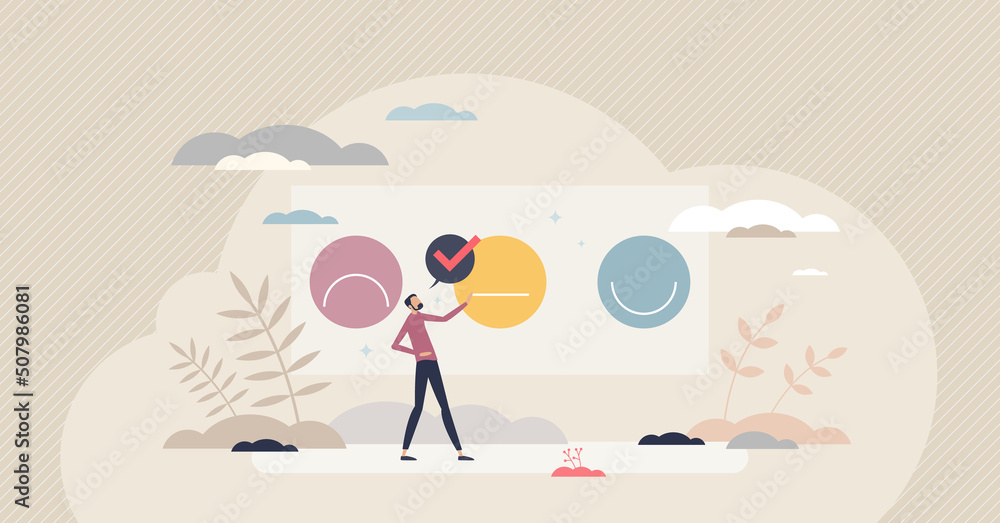 Poster sentiment analysis and identify emotions with ai machine tool tiny person concept. customer reaction