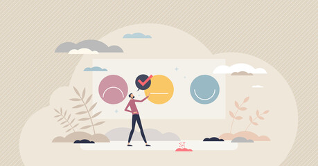 Sentiment analysis and identify emotions with AI machine tool tiny person concept. Customer reaction recognition from voice processing and biometrics for automated marketing report vector illustration