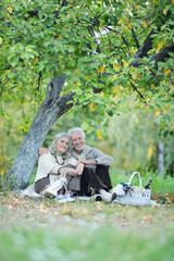 Naklejka na ściany i meble Portrait of elderly couple having a picnic in park