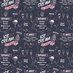 Ice cream seamless pattern with hand drawn chalk elements and 
lettering on dark background. Vector illustration - obrazy, fototapety, plakaty