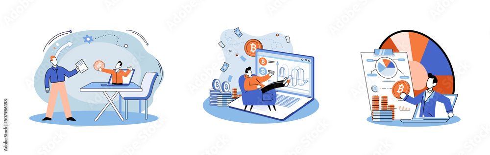 Poster cryptocurrency bitcoin mining metaphor blockchain exchange platform. cyber banking procedures, bitco