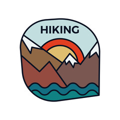 Mountain Hiking logo emblem template, adventure label design. Unusual line art retro style sticker. Stock travel label art - obrazy, fototapety, plakaty
