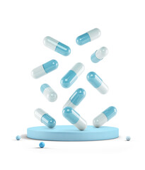 Medicine capsules falling on a pedestal isolated from the background