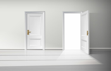  realistic vector illustration background. Closed and open white wooden door with golden handle.