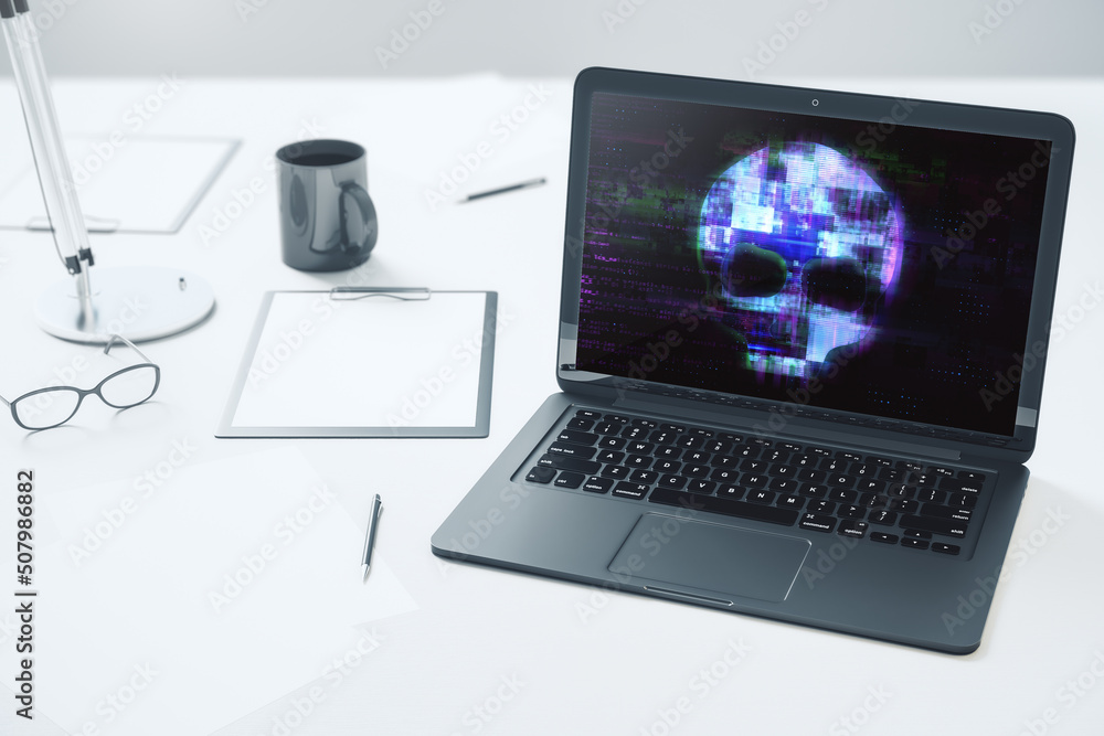 Aufkleber Close up of notebook screen on desktop with abstract digital skull hologram. Hacking, malware, and phishing concept. 3D Rendering.