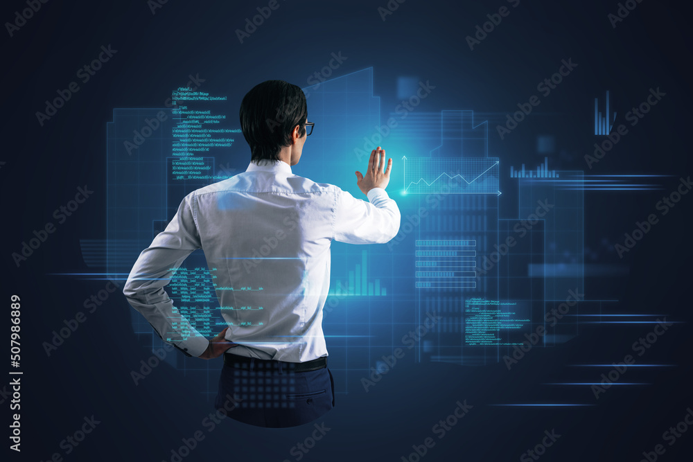 Poster Attractive young european businessman standing on abstract blue background with coding and tech information. Database, cloud computing and science concept. Double exposure.