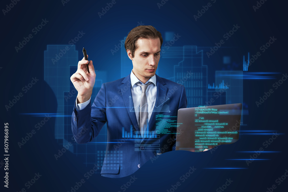 Aufkleber Attractive young european businessman with laptop standing on abstract blue background with coding and tech information. Database, cloud computing and science concept. Double exposure.