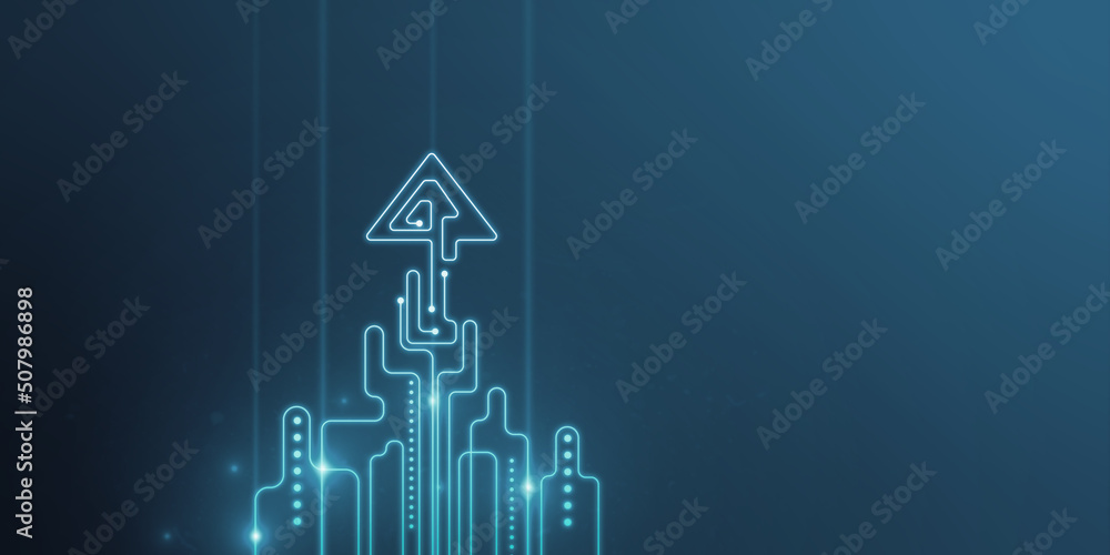 Poster Creative abstract glowing digital startup arrow on blue background with light and mock up place. Start up, business, innovation and direction concept. 3D Rendering.
