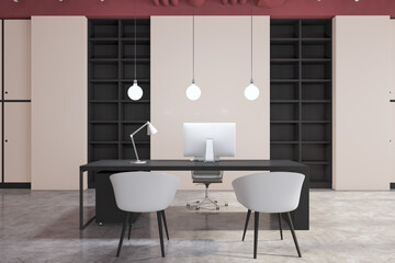 Modern office interior with furniture, red ceiling. Workplace and nobody concept. 3D Rendering.