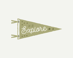 Camping adventure pennant design. Vintage outdoor label and text - Explore. Unusual hipster sticker. Stock .