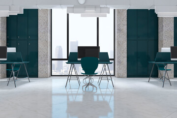 Fototapeta na wymiar Contemporary coworking office interior with empty computer screens on desks, concrete flooring and window with city view. Workplace concept. 3D Rendering.